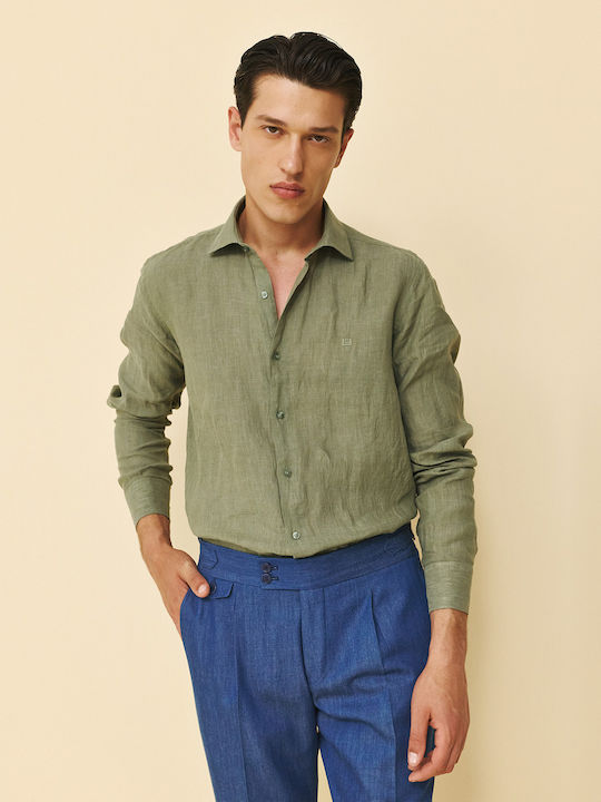Long Sleeve Linen Shirt in Regular Fit Khaki