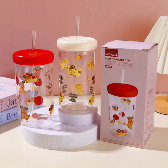 Pahar Pentru Apă Din Sticlă Cu Pai 600ml