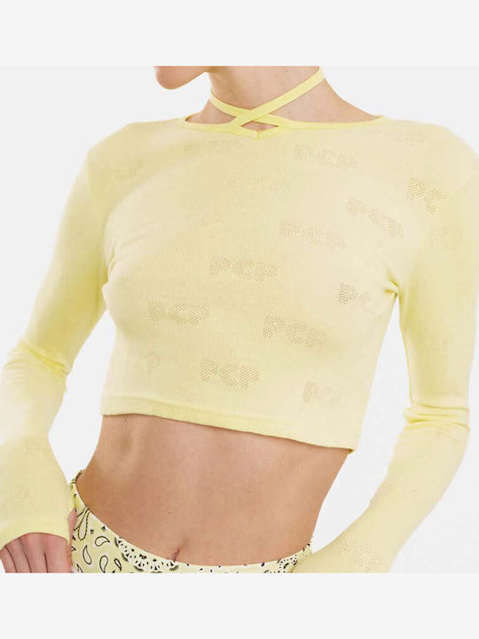 Bluza Damă Crop Top Bumbac Mânecă Lungă Galbenă