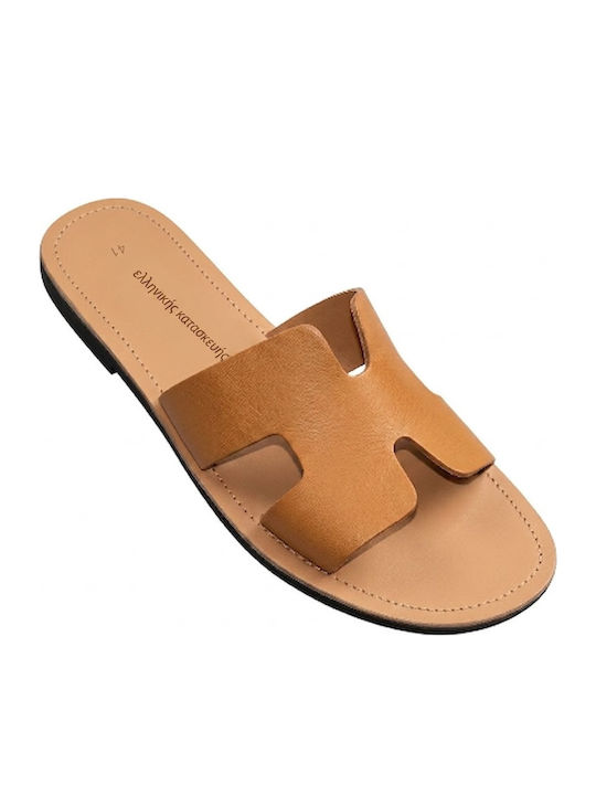 Leather Women's Flat Sandals Tabac Brown