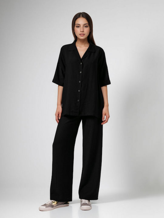 Women's Black Set with Trousers with Rubber Band in Loose Fit