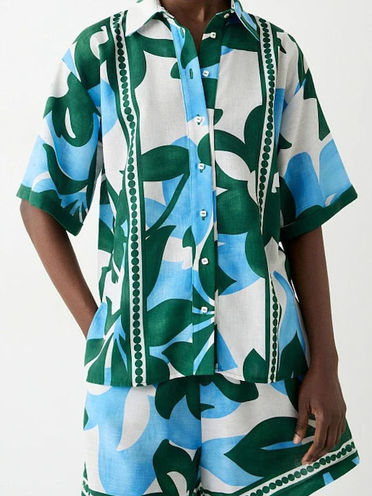 Short Sleeve Women's Linen Shirt Green