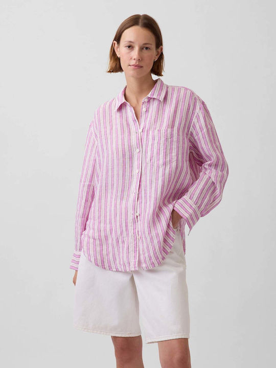 GAP Дамска Линена Риза С Дълъг Ръкав Pink Strip...
