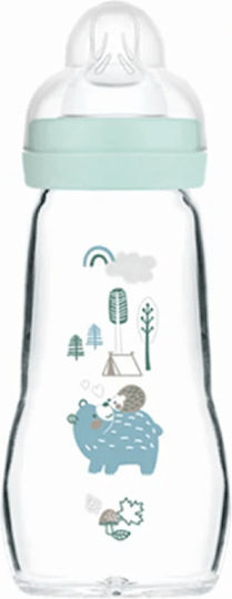 Mam Glass Baby Bottle Anti-colic with Silicone Teat for 2+ Months Blue 260ml