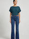 Women's Blouse Short Sleeve with Smile Neckline Petrol