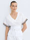 Women's Cotton Short Sleeve Blouse with V-Neckline Striped White