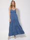 Summer Maxi Denim Dress with Ruffles Blue Jean