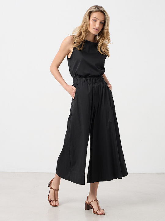 Women's Zip Culottes with Rubber Band in Loose Fit Black