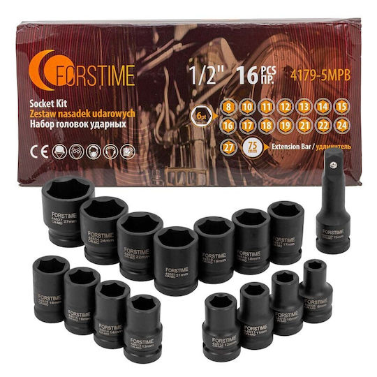 Set 1/2" Impact Sockets 8-27mm Hexagonal