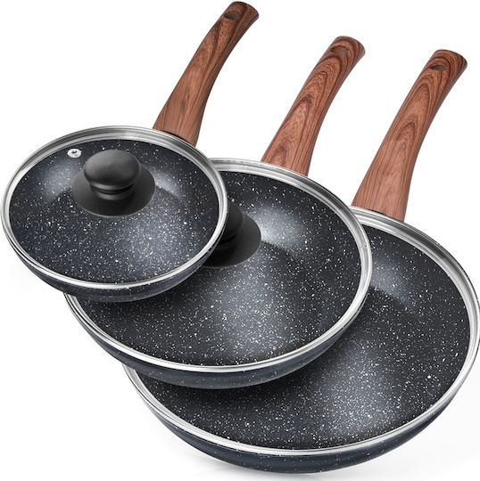 Vilde Σετ Τηγάνια από Αλουμίνιο Black&Wood με Αντικολλητική Επίστρωση 3 Σκευών