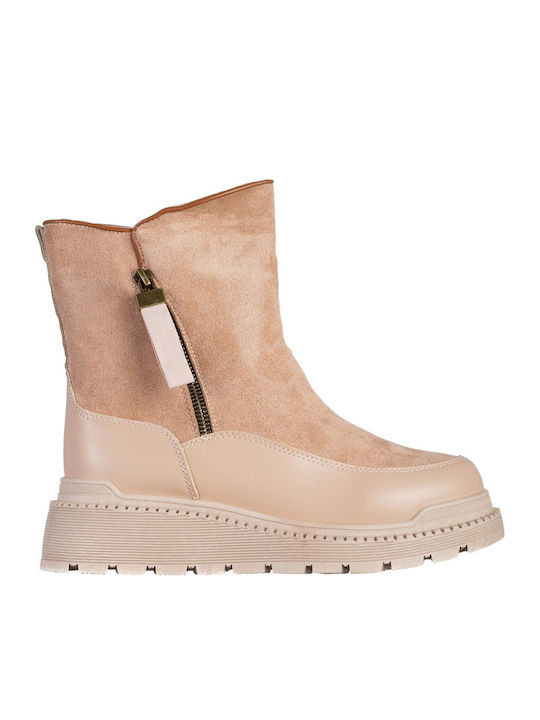 Leather Women's Ankle Boots with Fur Pink