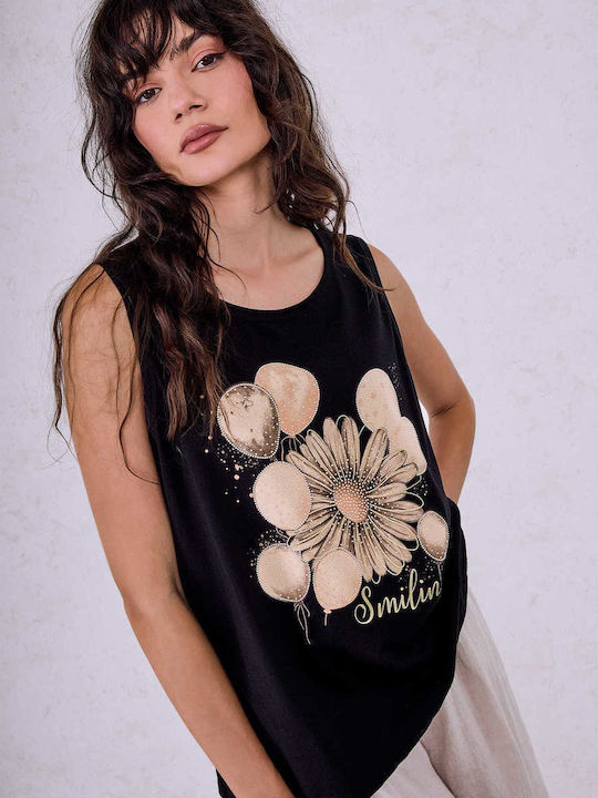 Celestino Sleeveless Printed Top Loose Fit Black
