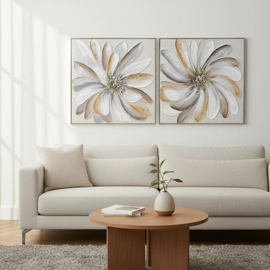 Karvounis Canvas Painting Flower White-Gold Silver Frame Abstract Daisy 62x62x3.5cm Bd25b514aa-1a
