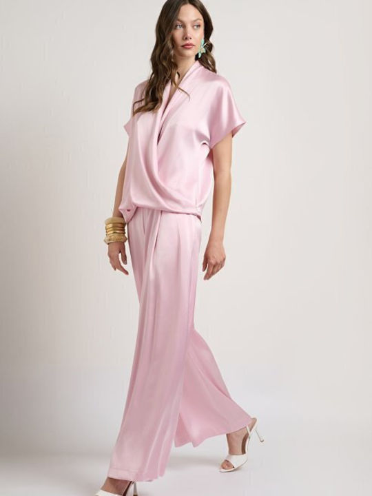 Women's Satin Trousers with Rubber Band in Loose Fit Pink