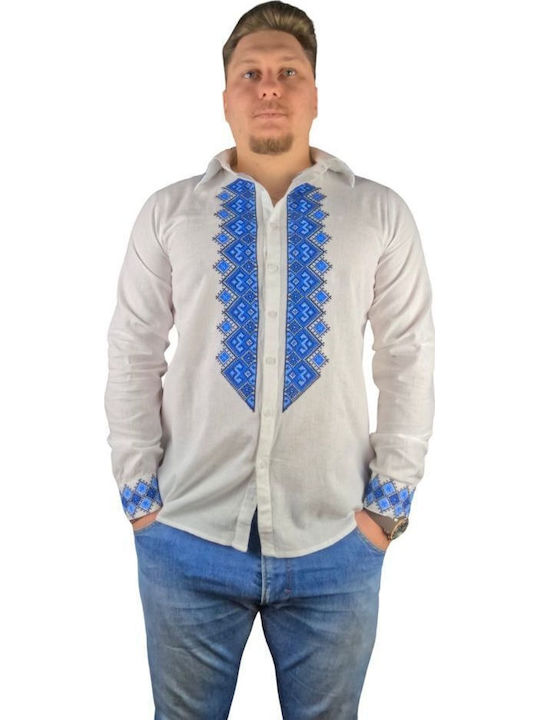 Long Sleeve Blouse White Blue