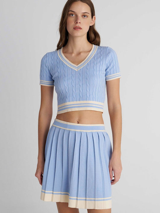 Pleated High Waist Mini Skirt Blue