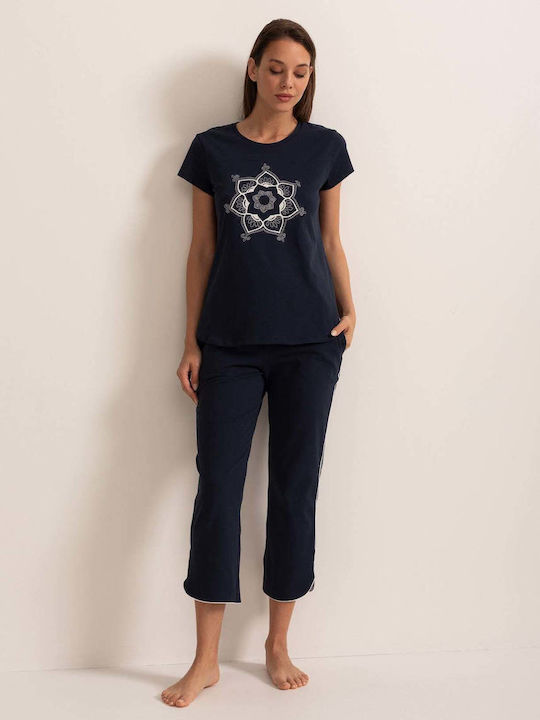 Sofiaman Sofiaman Sommer Baumwollenes Damen Schlafanzug Set Navy Blau