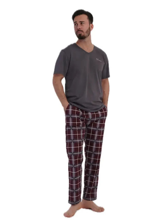 Vienetta Secret Summer Checked Men's Cotton Pyjamas Gray