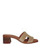 Leather Mules With Low Heel In Beige Colour