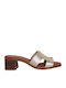 Leather Mules With Low Heel In Gold Colour