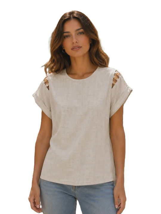 Women's Summer Linen Short Sleeve Blouse Ecru/Beige