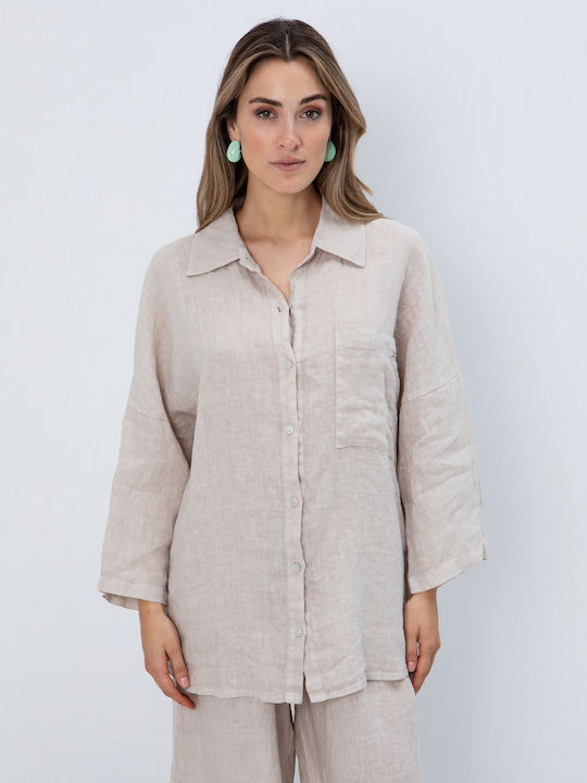 Long Sleeve Women's Linen Shirt Beige