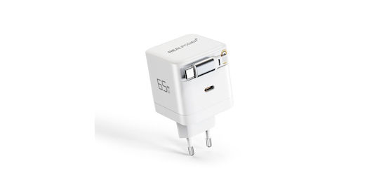 RealPower Φορτιστής GaN με Θύρα USB-C και Καλώδιο USB-C 65W Power Delivery Λευκός