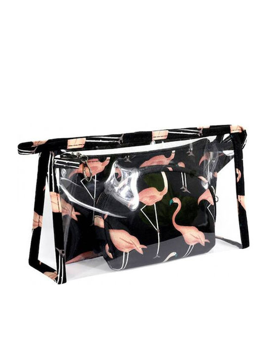 Ecarla Set 3 Cosmetic Bags Black Pink Flamingos Ks65wz2