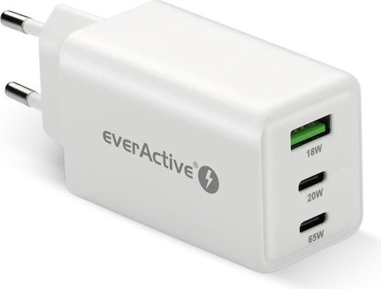 everActive Φορτιστής Χωρίς Καλώδιο GaN με Θύρα USB-A και 2 Θύρες USB-C 65W Power Delivery / Quick Charge 4+ Λευκός (SC-655Q)