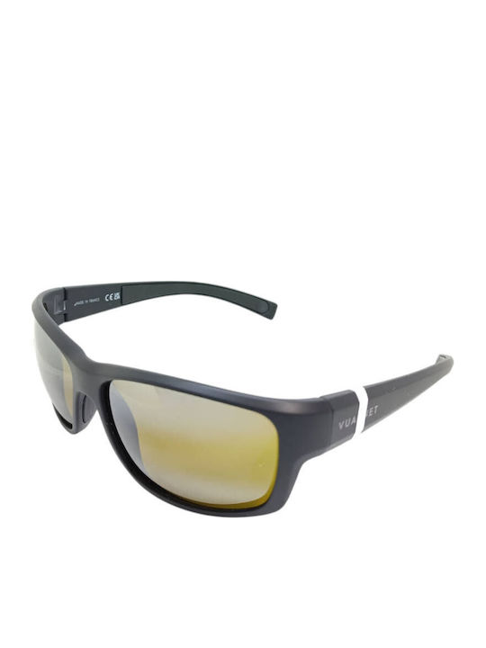 Racing Male Sunglasses With Black Horn-Rimmed Frame And Yellow Polarized Mirror Lens