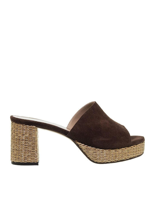 Mourtzi Suede Mules με Τακούνι σε Καφέ Χρώμα