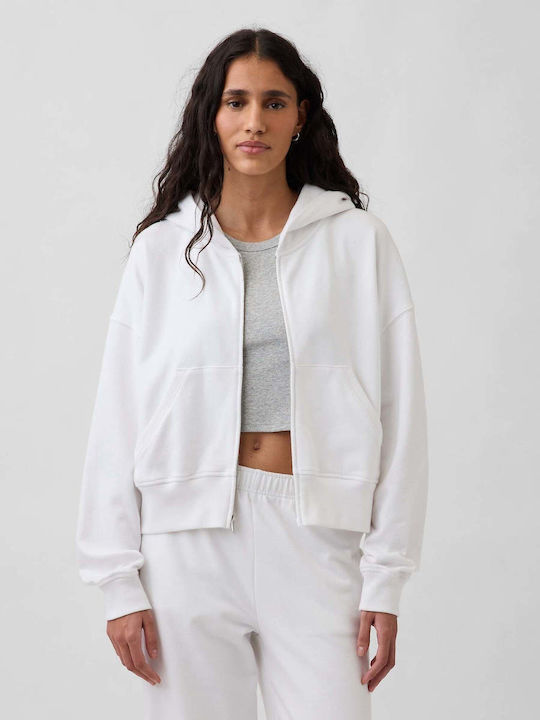Cropped Γυναικεία Ζακέτα Φούτερ με Κουκούλα Fresh White