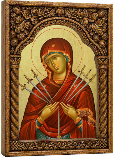 Holy Mary Heptaspathe Wooden Carved Frame Byzantine Arch 22cm