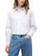 Long Sleeve Women's Denim Shirt Red-White-Light Blue Striped