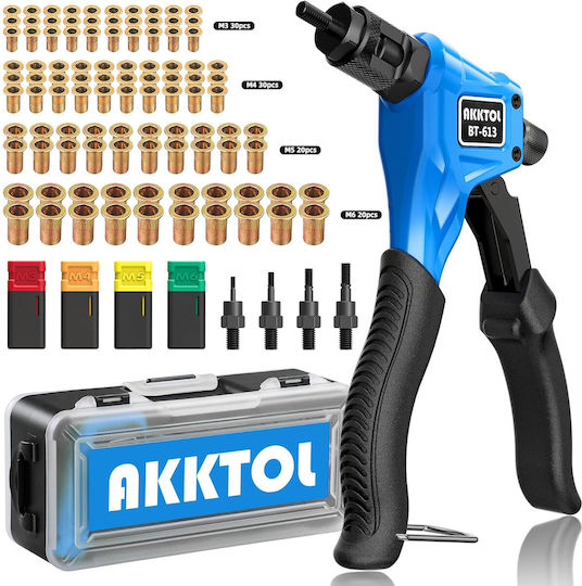 Clește Pentru Nituri Akktol Set Complet Nituri Filetate 4 Mandrine M3 M4 M5 M6 100 Piulițe Incluse Clește Din Oțel Aliat Mâner Ergonomic Antialunecare Cutie De Transport Pentru Table Metalice Mobilier Metalic Diy