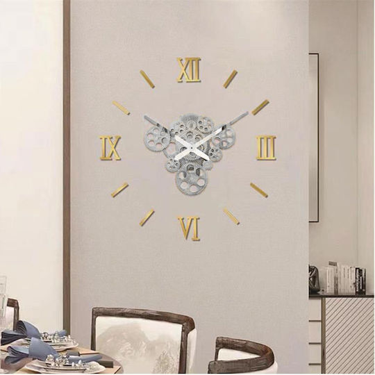 Factory Diy 3D Ρολόι Τοίχου Αυτοκόλλητο Μεταλλικό Γκρι Ø24cm
