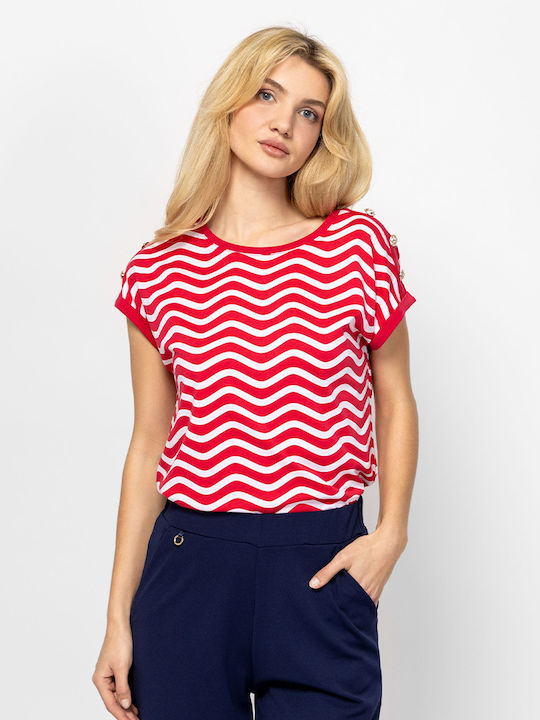 Heavy Tools Women's Short Sleeve Striped Red Bl...