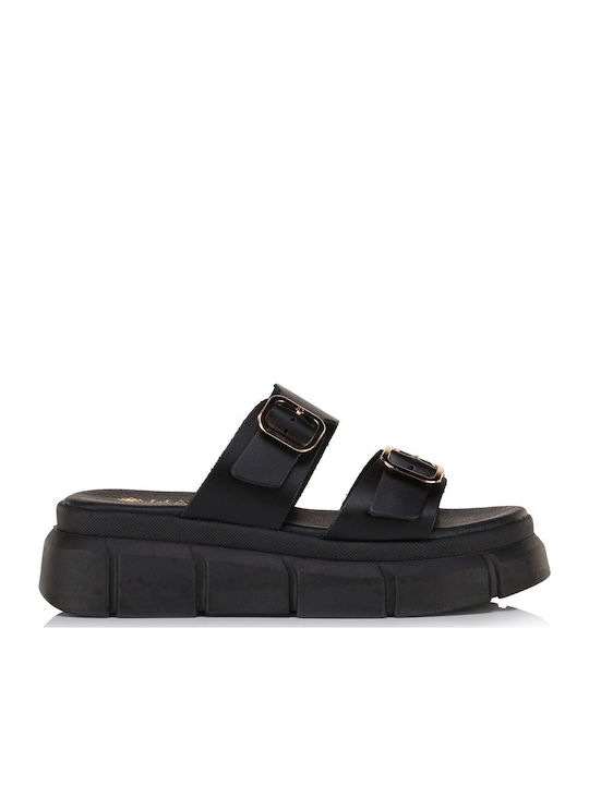 Δερμάτινα Γυναικεία Ανατομικά Σανδάλια Flatforms Μαύρα