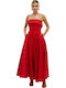 Καλοκαιρινό Maxi Φόρεμα για Γάμο / Βάπτιση Strapless Σατέν Κόκκινο