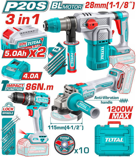 Total TOSLI251195E Σετ Γωνιακός Τροχός, Δραπανοκατσάβιδο & Πιστολέτο Brushless 20V με 2 Μπαταρίες 5Ah