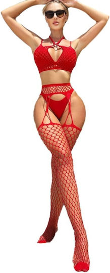 Roza Underwear Rz70321 Sexy Διχτυωτό Σετ Καλτσοζαρτιέρα Κόκκινο Fishnet Bodystocking