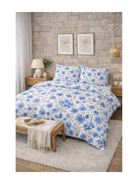 SteweHome Cotton Duvet Cover Set 200x230cm Double With 2 Pillowcases & 1 Bed Sheet Blue