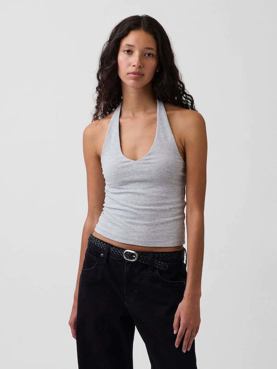 Women's Cotton Sleeveless Crop Top with Neck Tie Light Heather Grey