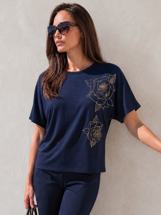 Derpouli Women's Crop T-shirt Floral Navy