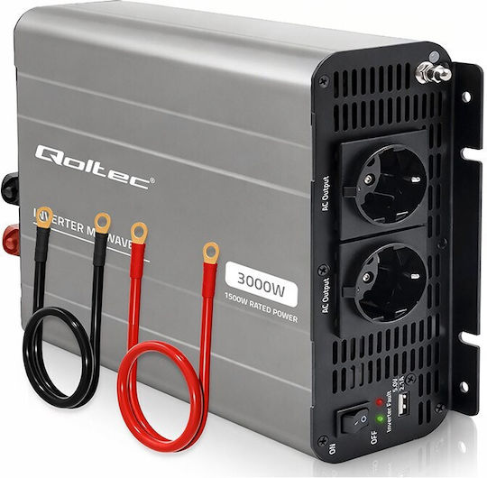Qoltec Μετατροπέας Τάσης Ms Wave 12v 230v 1500/3000w Usb Συμβατός Lifepo4 Gel Agm