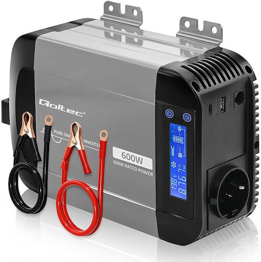 Qoltec Power Inverter Pure Sine Wave 12v 230v 300/600w Lcd Usb Usb‑c Compatible With Lifepo4 Gel Agm