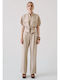 Women's Beige Set with Trousers with Rubber Band in Straight Leg Style