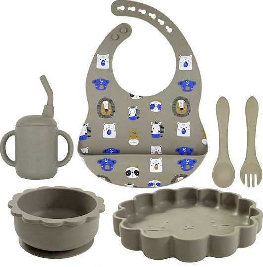 Queen Mother Feeding Set Wild Animals from Silicone with Anti-Slip Base Gray 6pcs