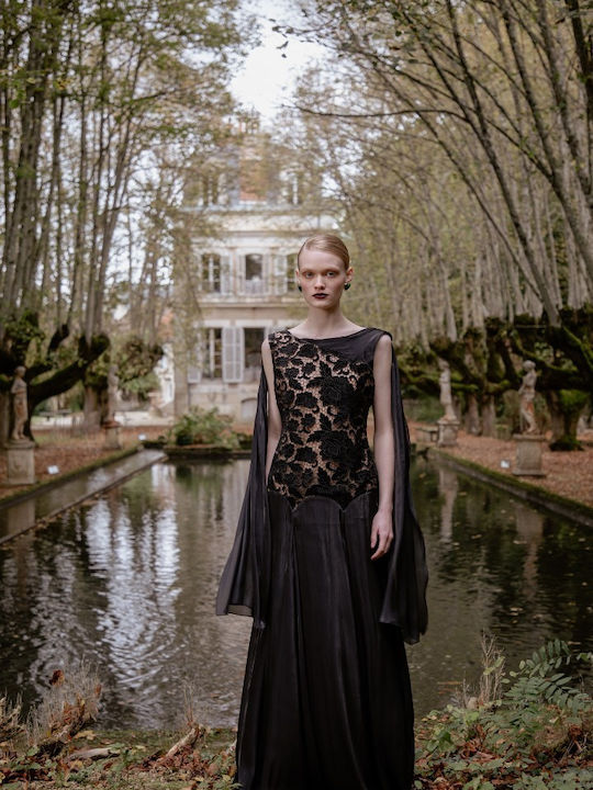 Maxi Βραδινό Φόρεμα Βελούδινο με Δαντέλα Black Velvet Lace
