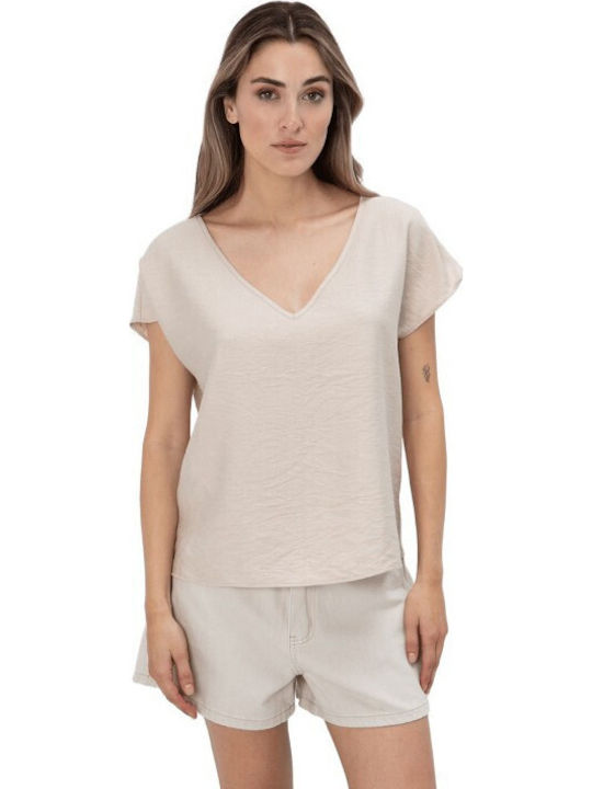 Women's Blouse with V Neckline Beige